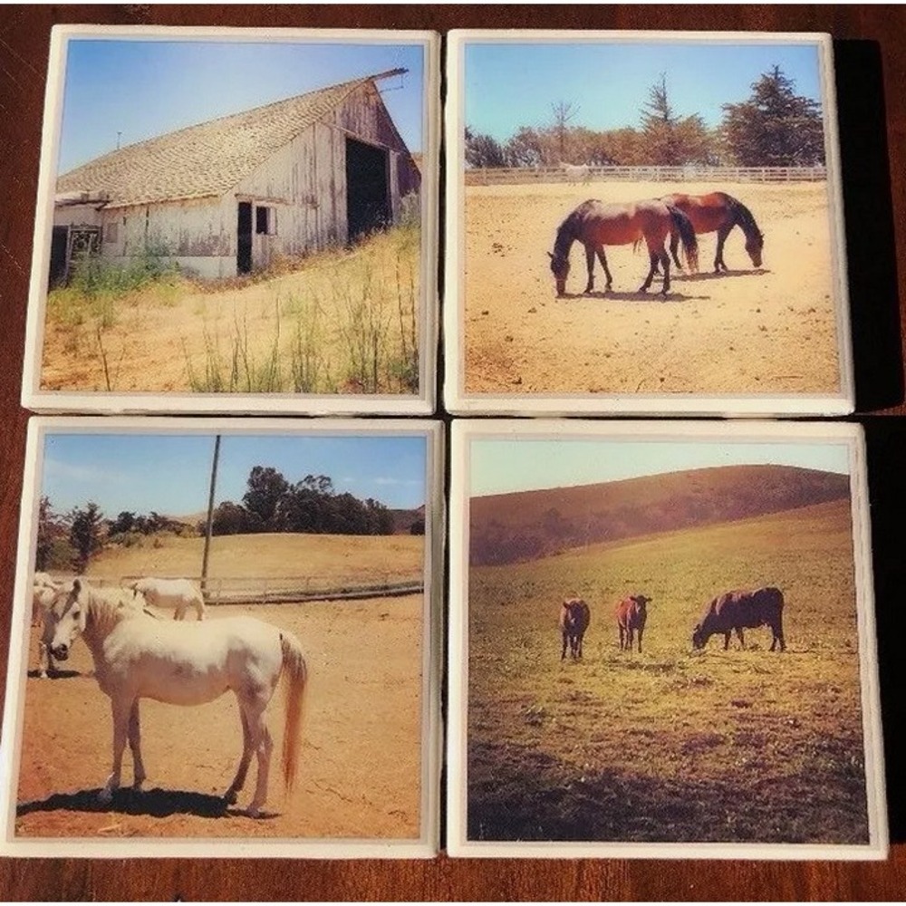 Art Photography Tile Drink Coasters‎ Set Farmhouse Decor Horses Barware Table